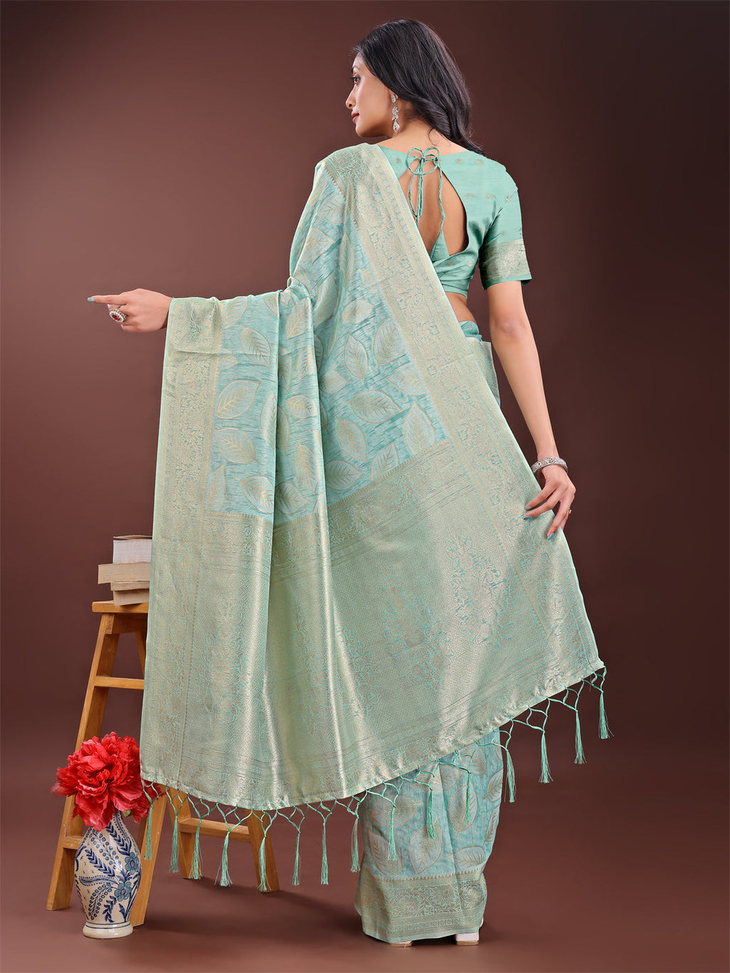 Shree Shyam Fashion Sea Green Linen Cotton Saree with Golden Zari Leaf Design & Elegant Pallu - Festive | Office | Daily Wear | Grocsy