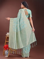 Shree Shyam Fashion Sea Green Linen Cotton Saree with Golden Zari Leaf Design & Elegant Pallu - Festive | Office | Daily Wear | Grocsy
