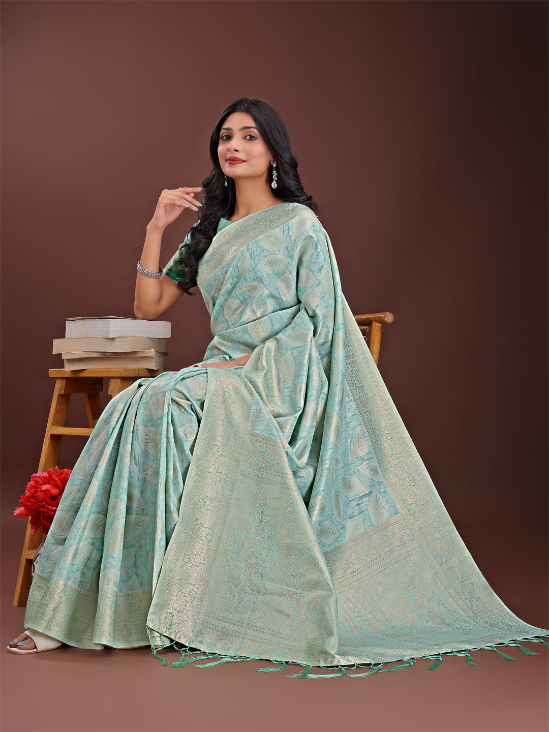 Shree Shyam Fashion Sea Green Linen Cotton Saree with Golden Zari Leaf Design & Elegant Pallu - Festive | Office | Daily Wear | Grocsy