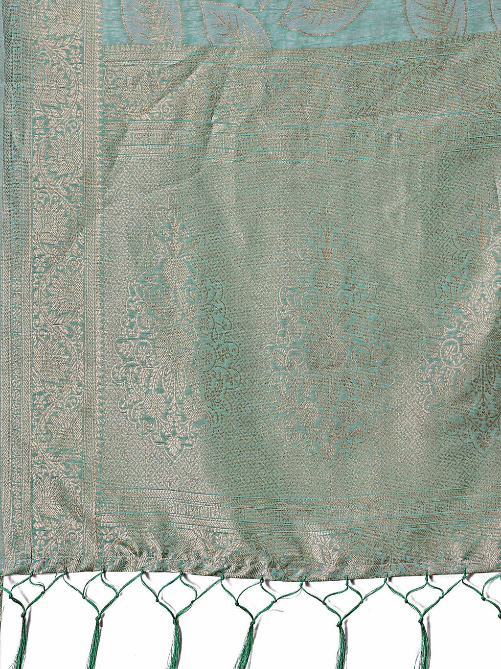Shree Shyam Fashion Sea Green Linen Cotton Saree with Golden Zari Leaf Design & Elegant Pallu - Festive | Office | Daily Wear | Grocsy