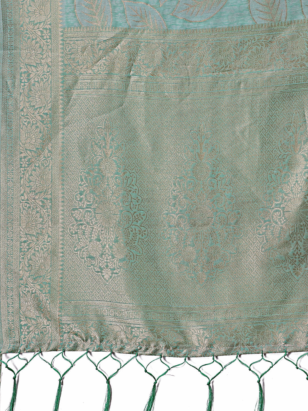 Shree Shyam Fashion Sea Green Linen Cotton Saree with Golden Zari Leaf Design & Elegant Pallu - Festive | Office | Daily Wear | Grocsy