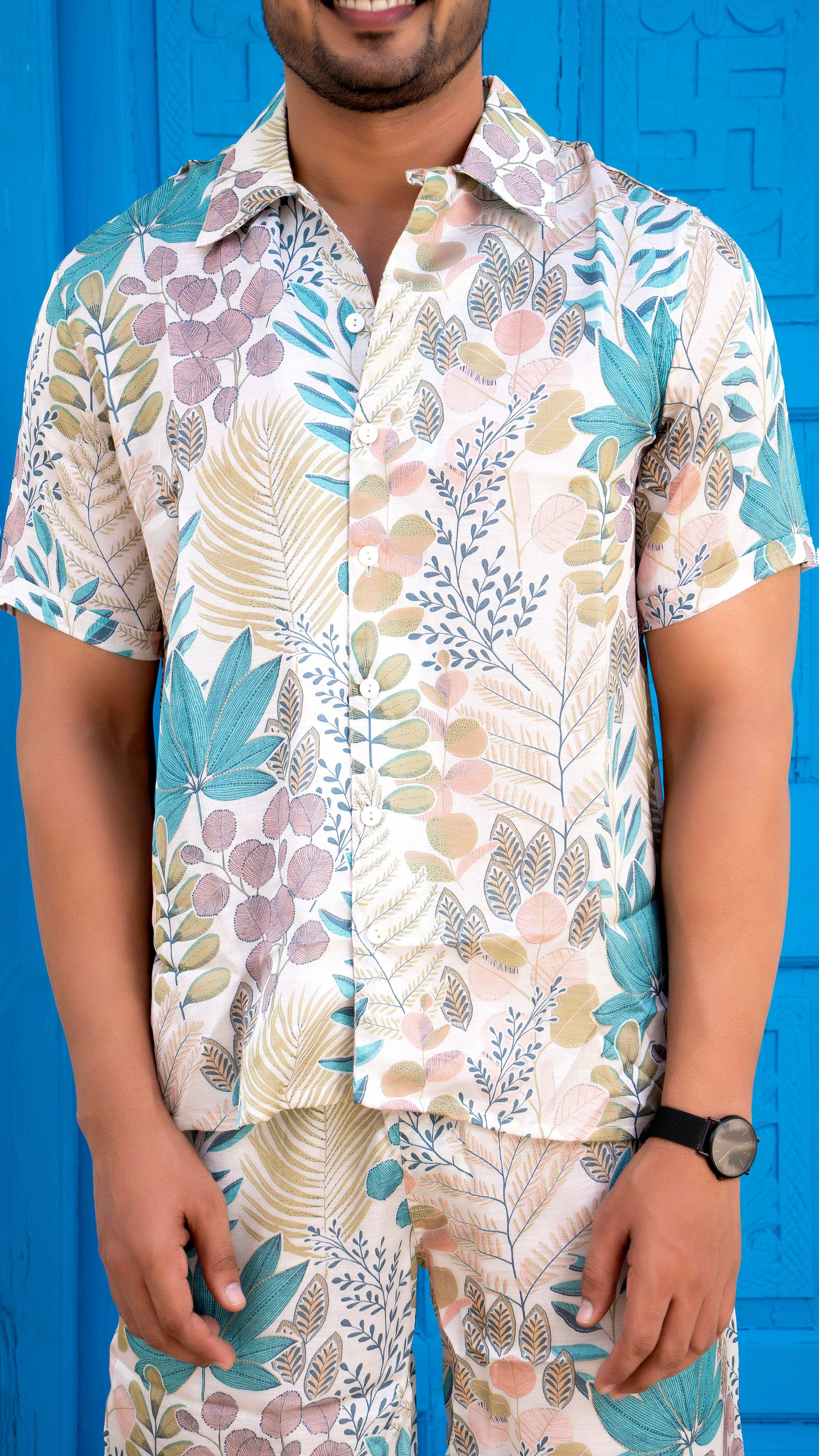 Noroke Sustainable fabric | Linen Satin Linen Blue Leaf Co-ord Set Men | Grocsy