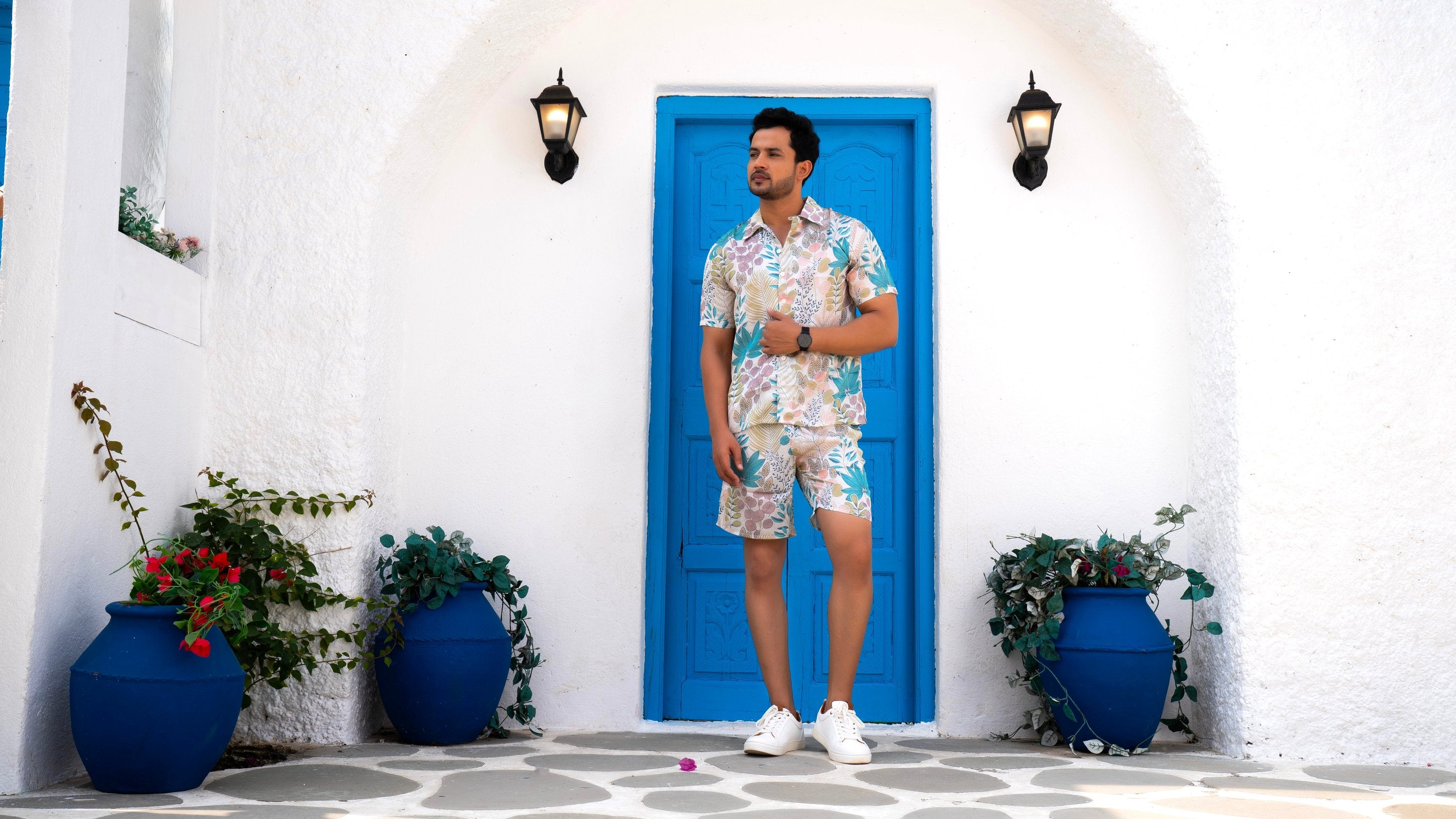 Noroke Sustainable fabric | Linen Satin Linen Blue Leaf Co-ord Set Men | Grocsy