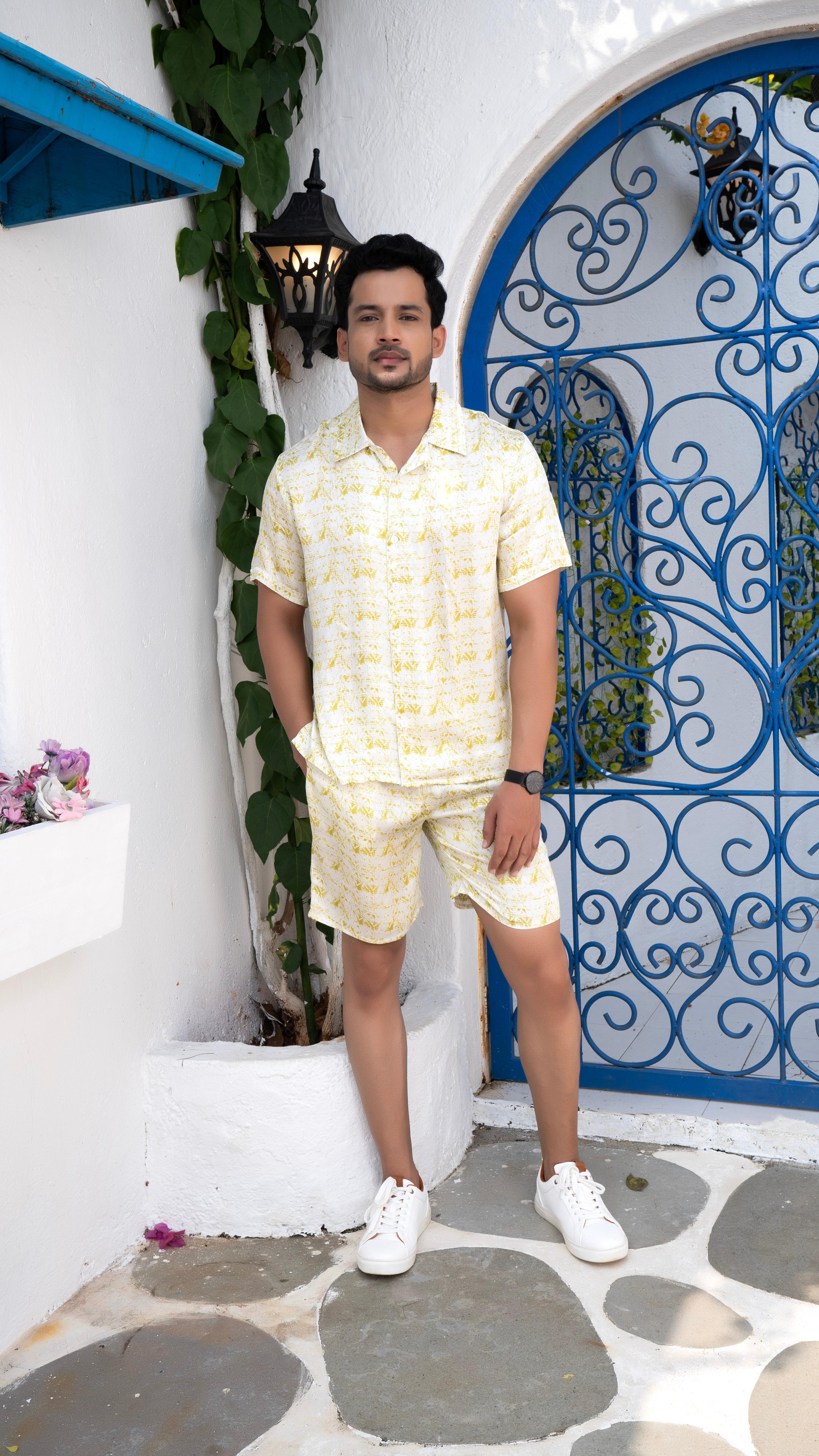 Noroke Cotton Satin White Chartreuse Co-ord Set Men | Grocsy