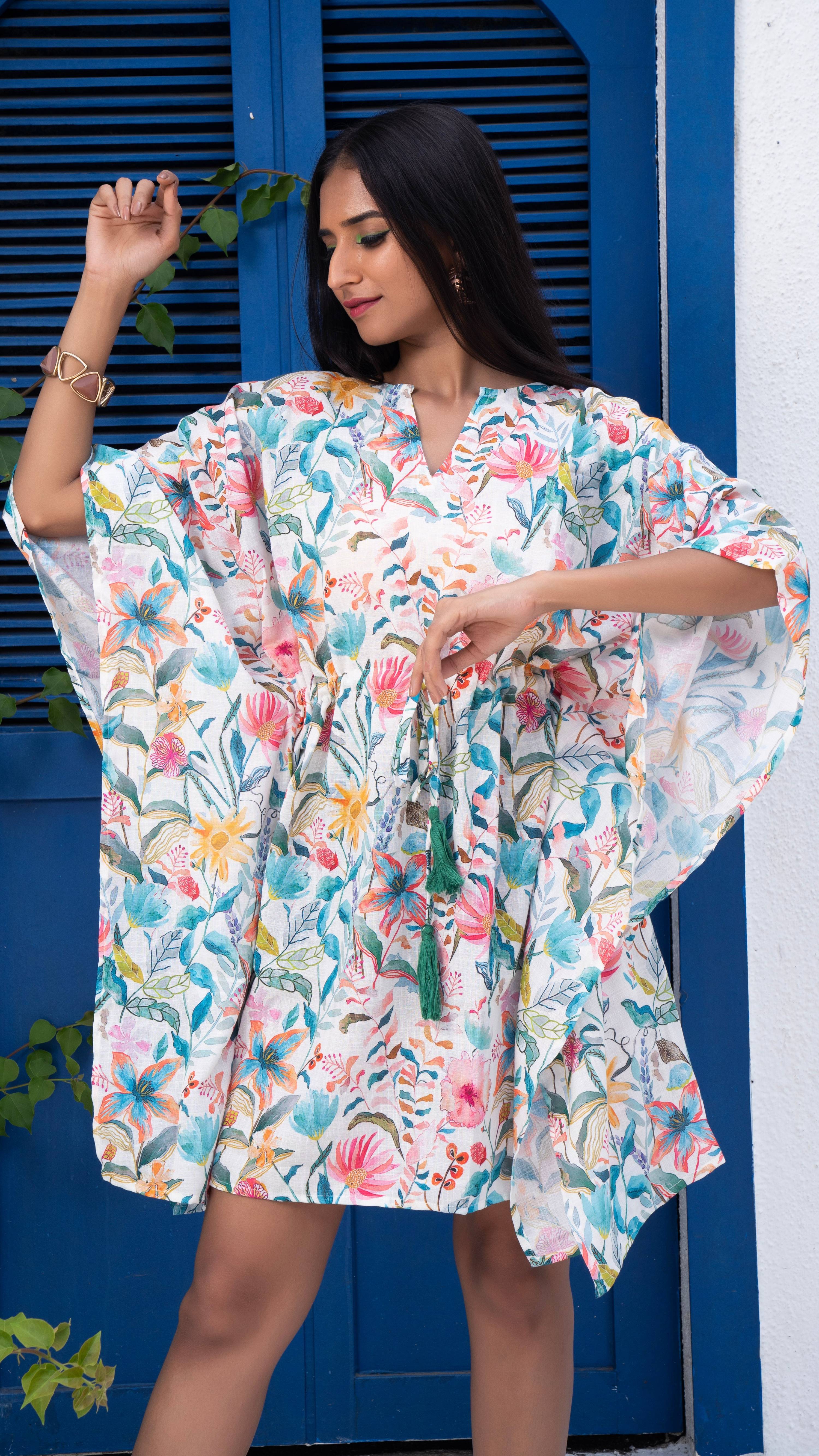 Noroke Linen Floral Short Kaftan Dress - Printed | Grocsy