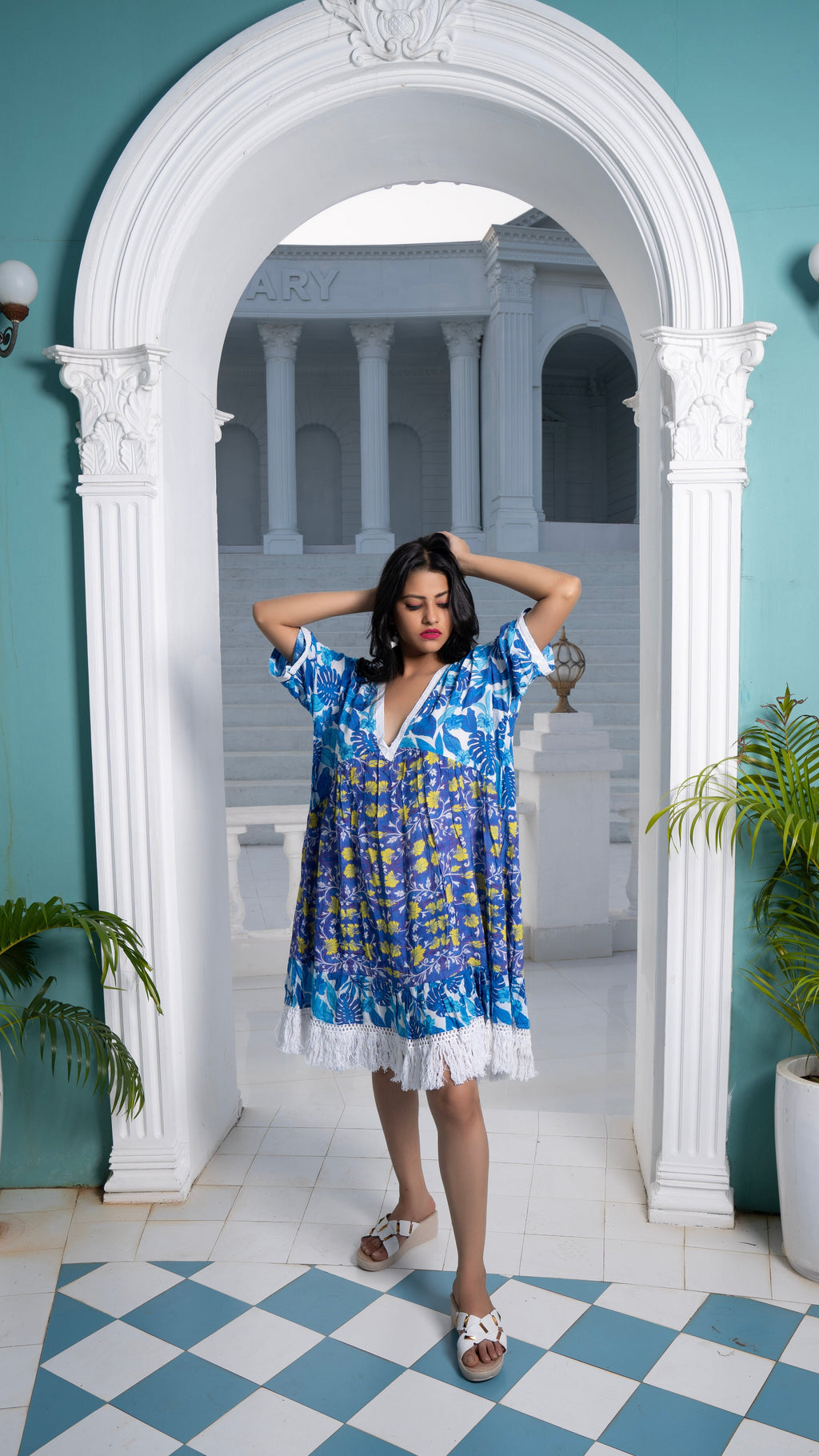 Noroke Sustainable fabric | Cupro Muslin Blue Pottery Tassel Dress | Grocsy