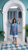 Noroke Sustainable fabric | Cupro Muslin Blue Pottery Tassel Dress | Grocsy