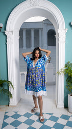 Noroke Sustainable fabric | Cupro Muslin Blue Pottery Tassel Dress | Grocsy