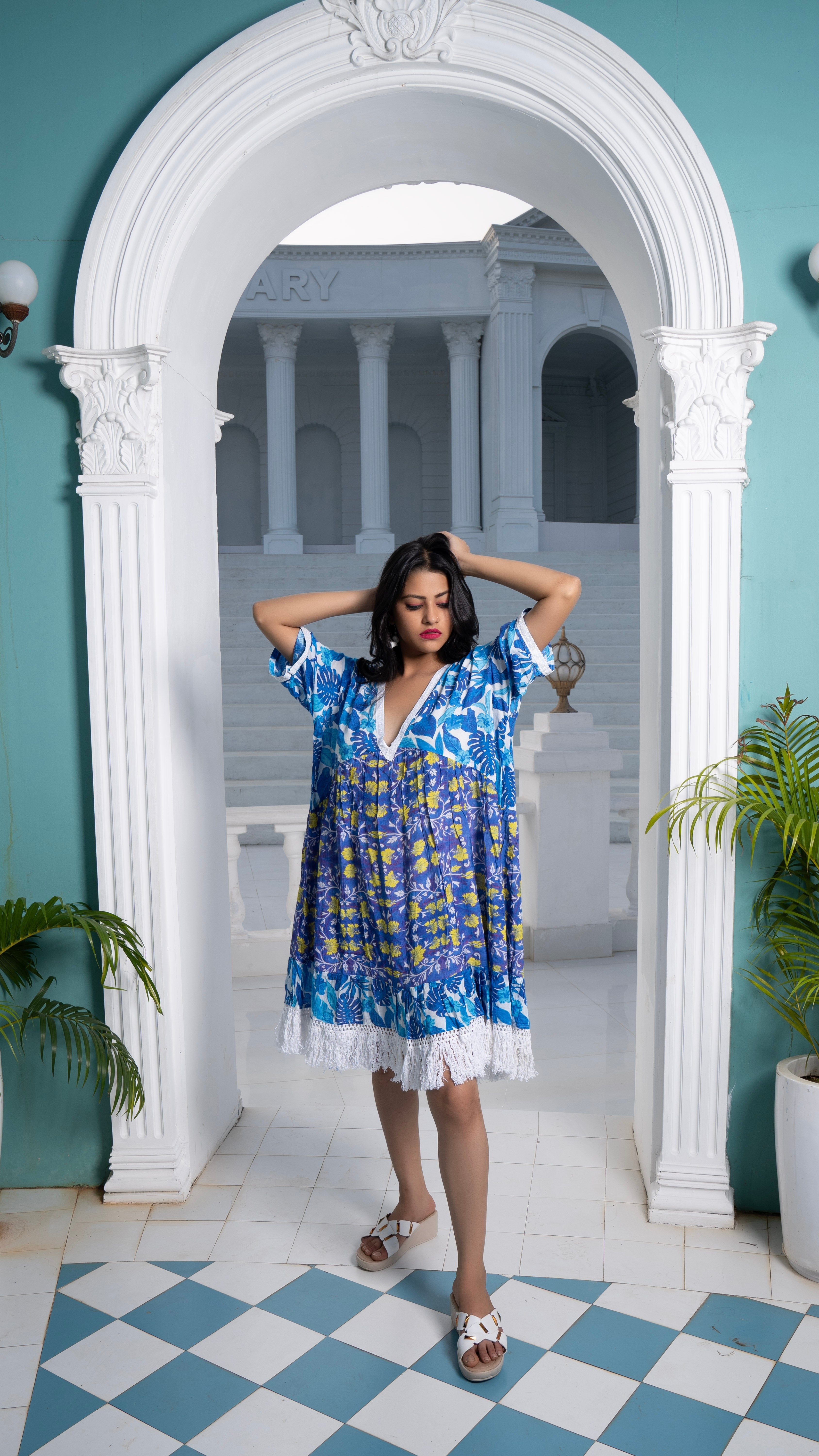 Noroke Sustainable fabric | Cupro Muslin Blue Pottery Tassel Dress | Grocsy