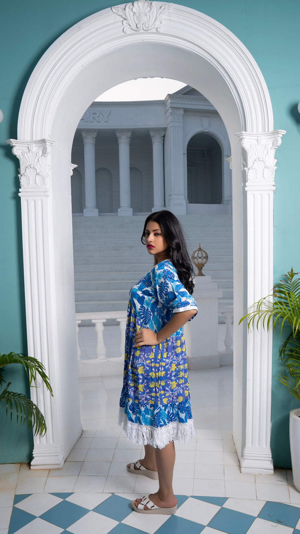 Noroke Sustainable fabric | Cupro Muslin Blue Pottery Tassel Dress | Grocsy