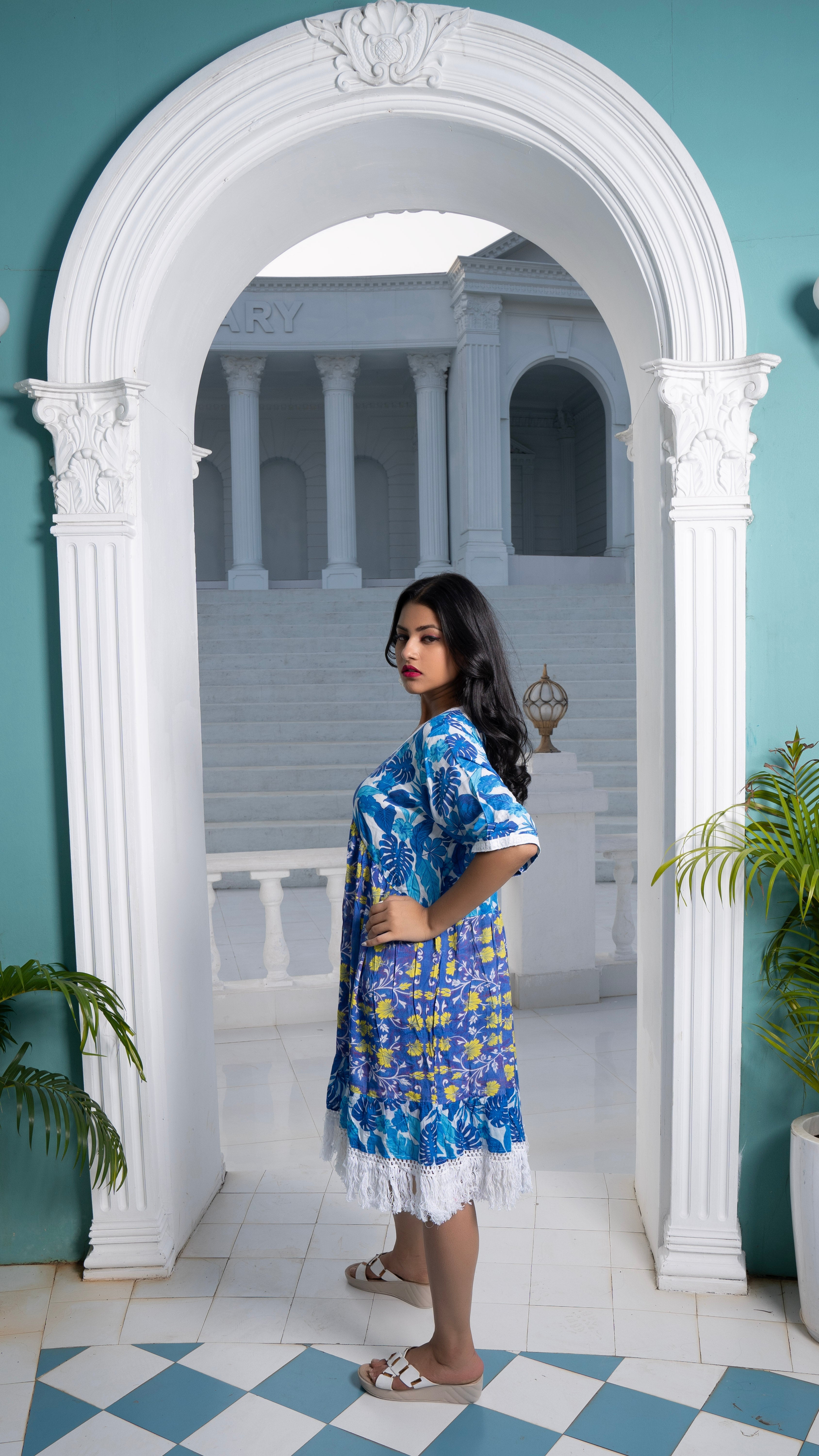 Noroke Sustainable fabric | Cupro Muslin Blue Pottery Tassel Dress | Grocsy