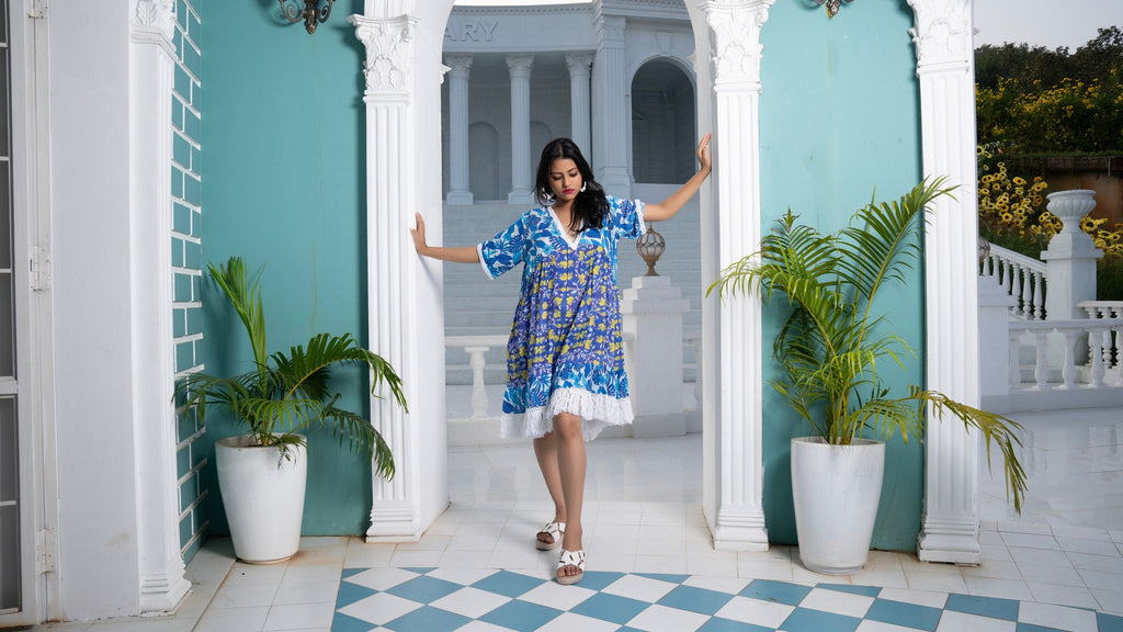 Noroke Sustainable fabric | Cupro Muslin Blue Pottery Tassel Dress | Grocsy