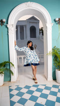 Noroke Sustainable fabric | Mushroom Bemberg Double Collar Tunic Dress - White Blue | Grocsy