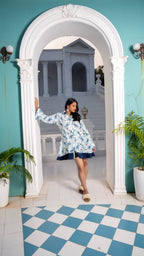 Noroke Sustainable fabric | Mushroom Bemberg Double Collar Tunic Dress - White Blue | Grocsy