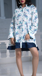 Noroke Sustainable fabric | Mushroom Bemberg Double Collar Tunic Dress - White Blue | Grocsy