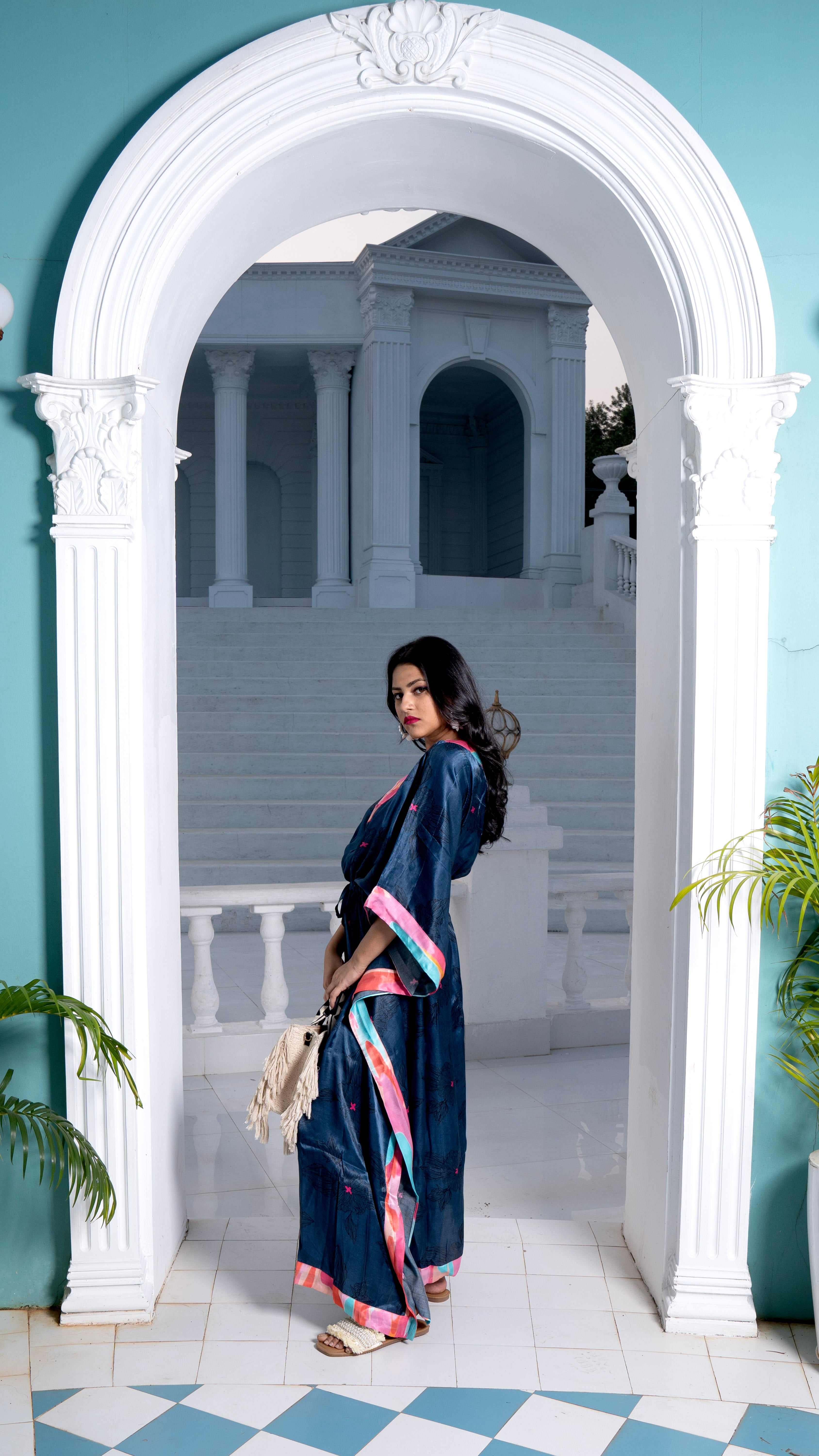 Noroke Modal Steel Blue Printed Long Kaftan | Grocsy