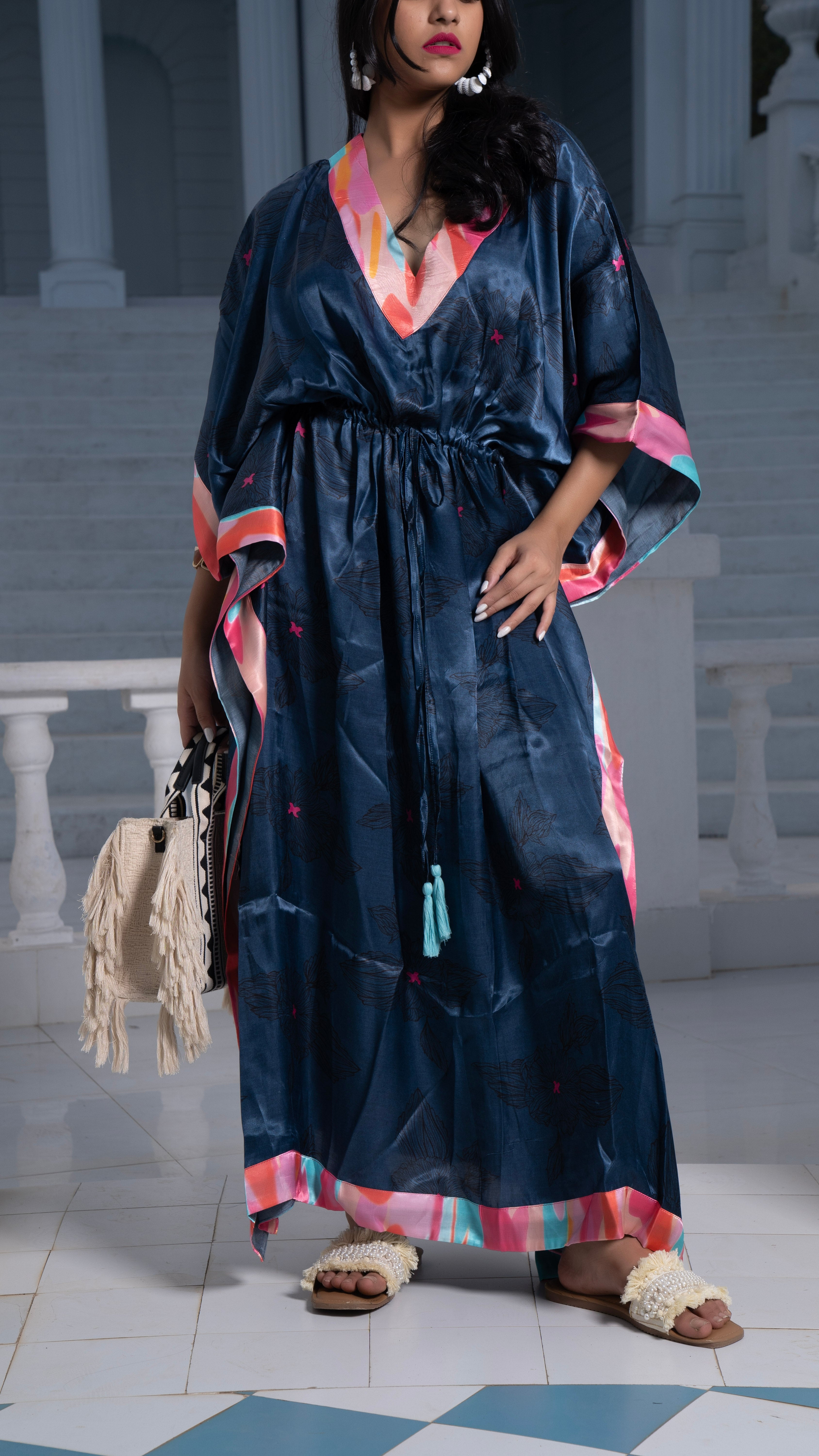Noroke Modal Steel Blue Printed Long Kaftan | Grocsy