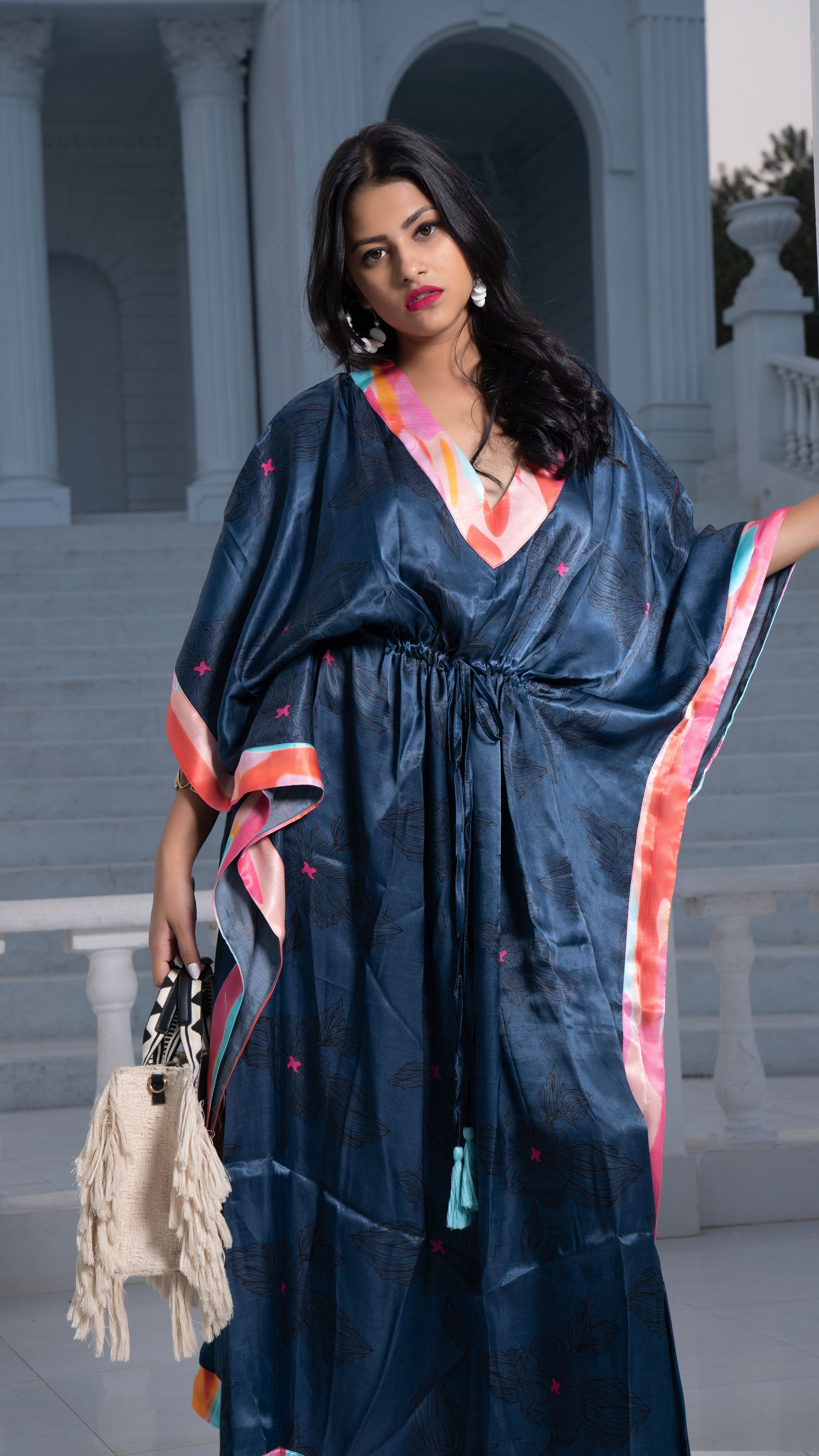 Noroke Modal Steel Blue Printed Long Kaftan | Grocsy