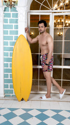 Noroke Sustainable fabric | Poly elastane Rectangle Patterned Men Swim Shorts | Grocsy