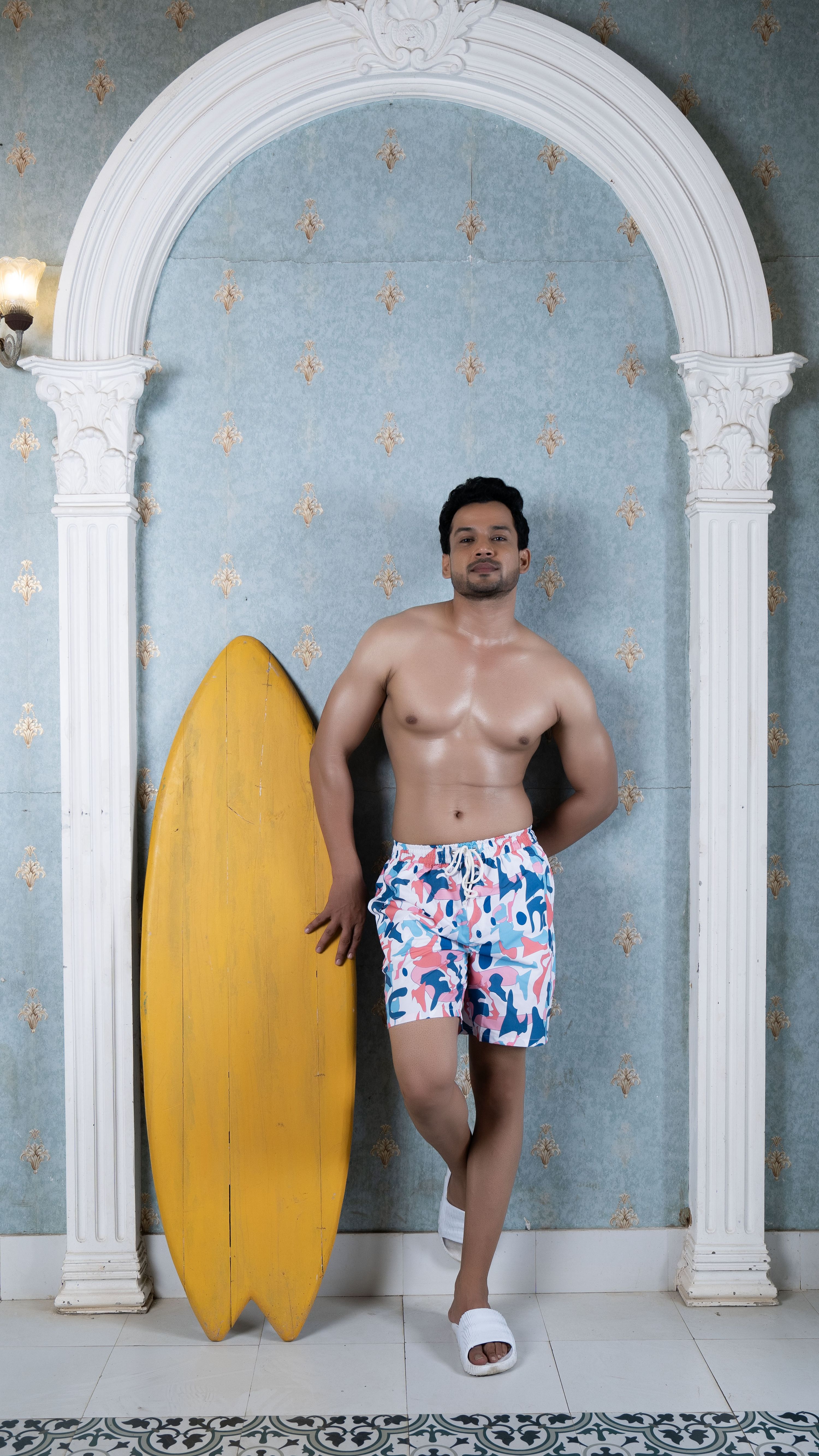 Noroke Sustainable fabric | Poly elastane Geometric Patterned Men Board Shorts | Grocsy