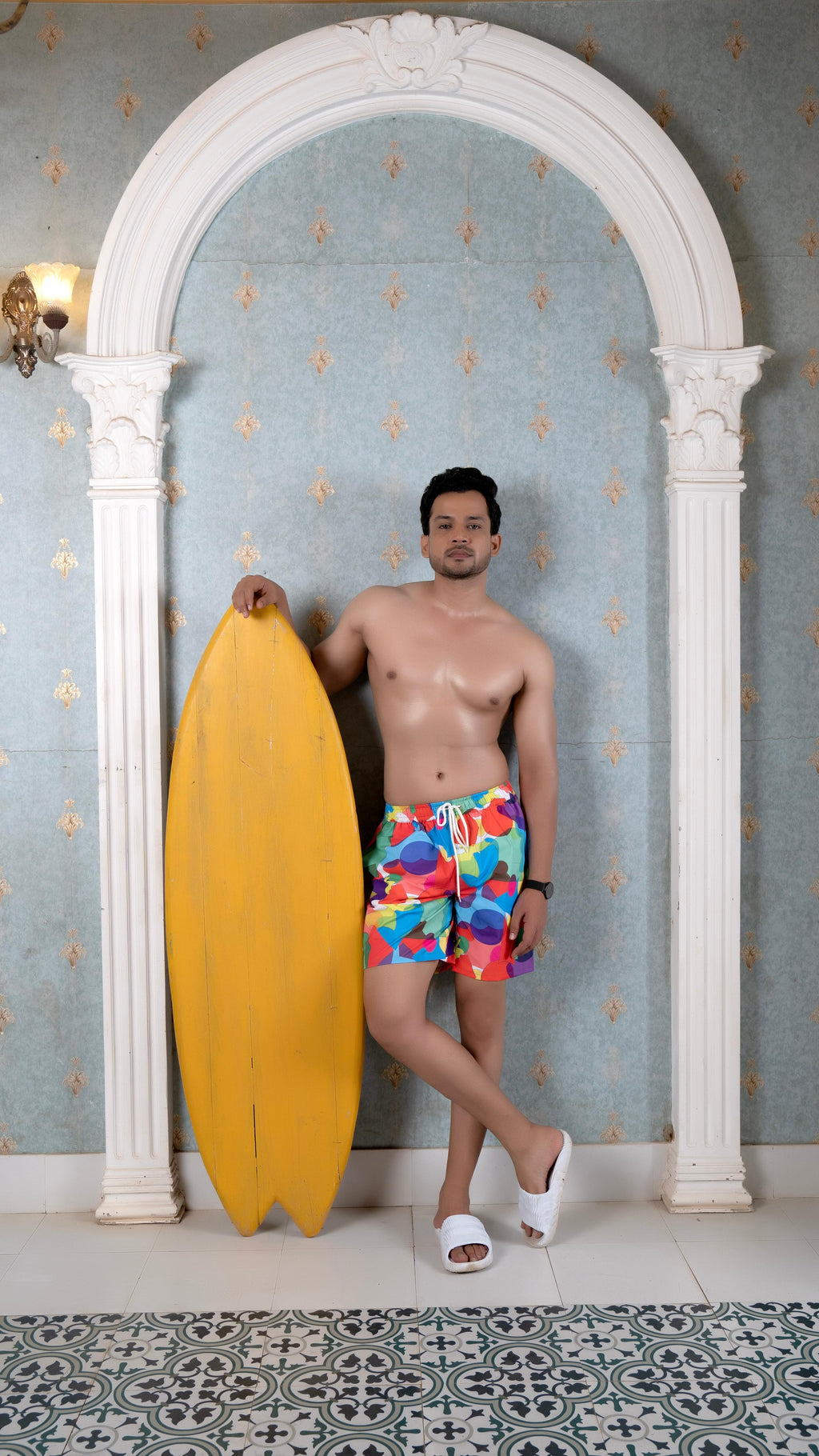 Noroke Sustainable fabric | Poly elastane Red Geometric Patterned Men Board Shorts | Grocsy