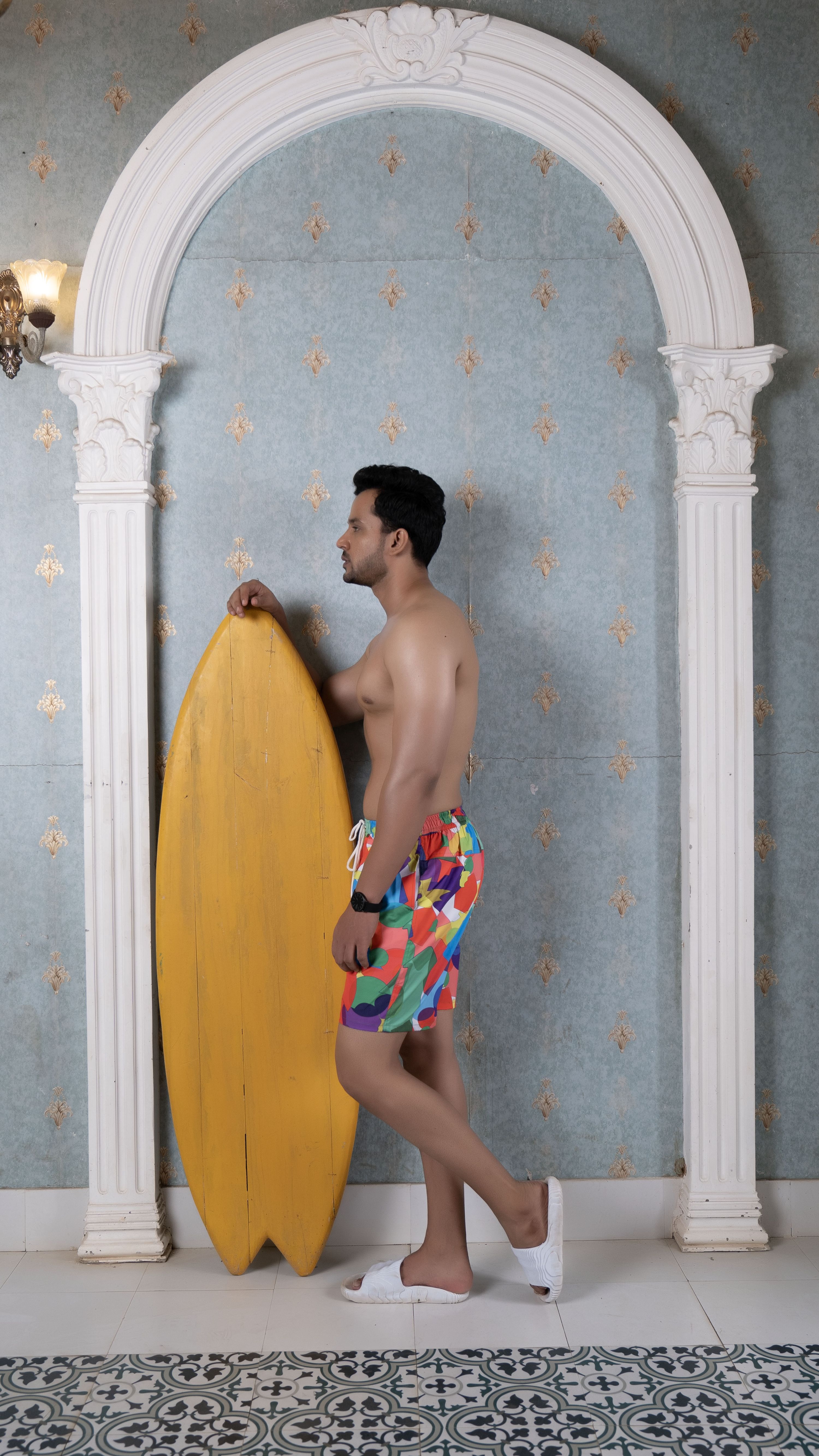 Noroke Sustainable fabric | Poly elastane Red Geometric Patterned Men Board Shorts | Grocsy