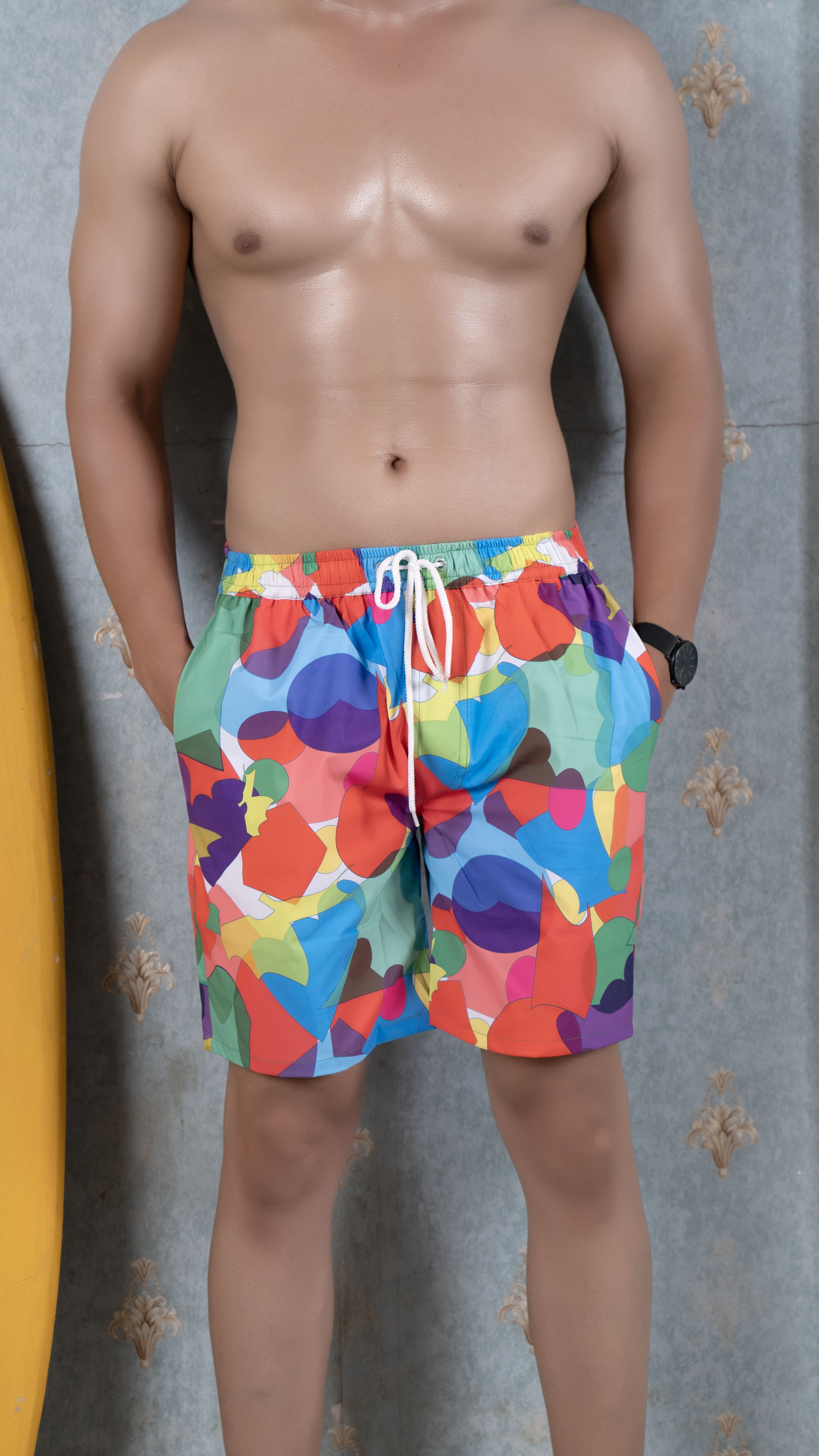 Noroke Sustainable fabric | Poly elastane Red Geometric Patterned Men Board Shorts | Grocsy
