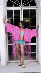 Noroke Crepe Fringes Beachwear Cover Up - Pink | Grocsy
