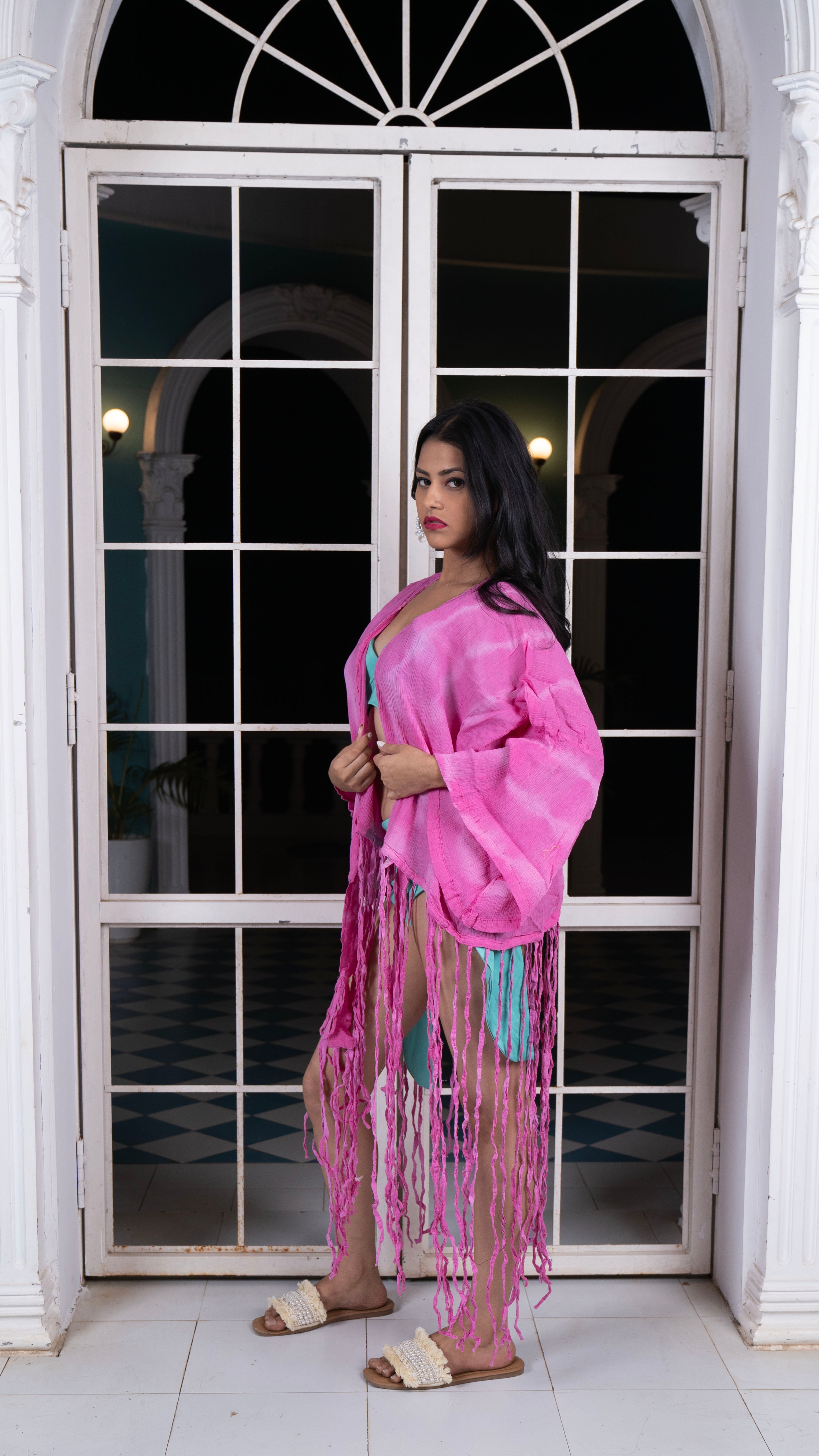 Noroke Crepe Fringes Beachwear Cover Up - Pink | Grocsy