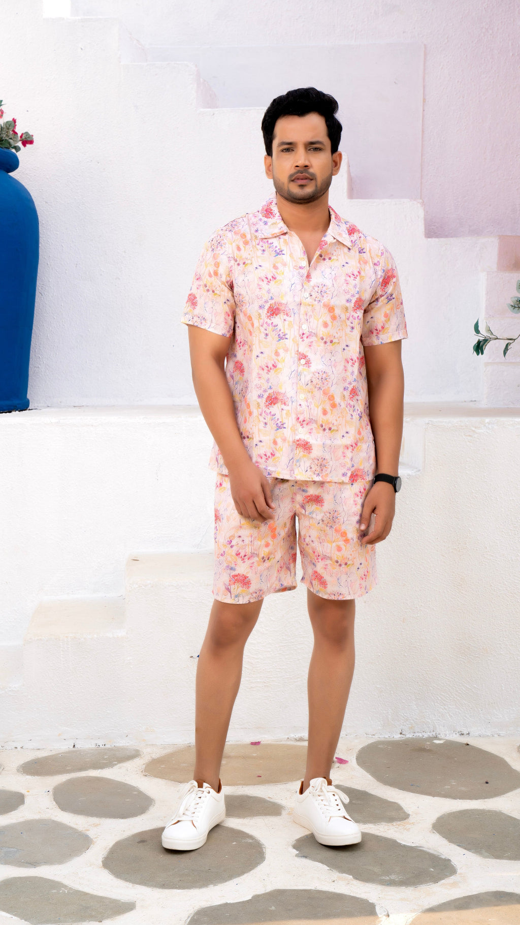 Noroke Linen White Floral Co-ord Set Men | Grocsy