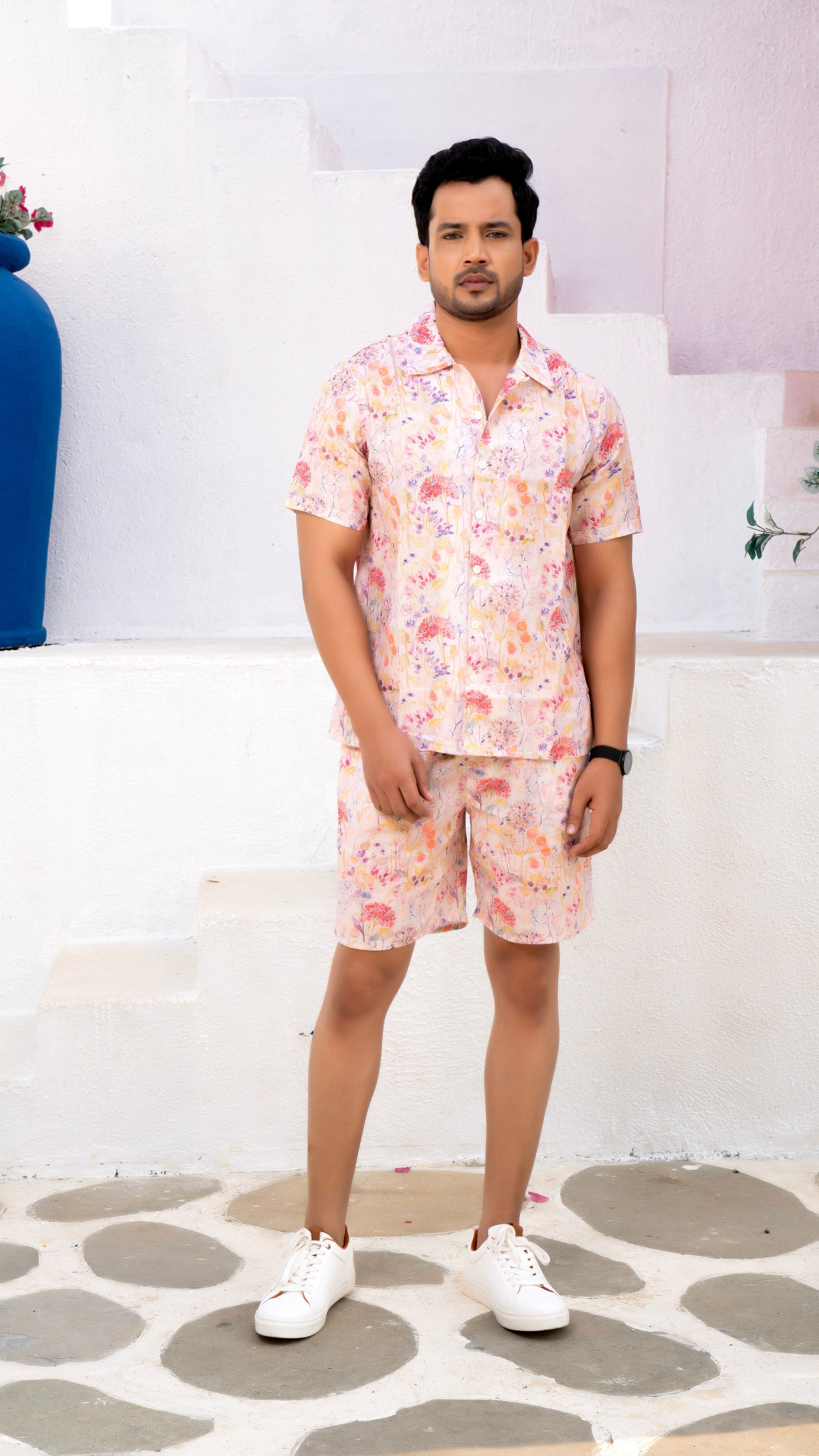 Noroke Linen White Floral Co-ord Set Men | Grocsy