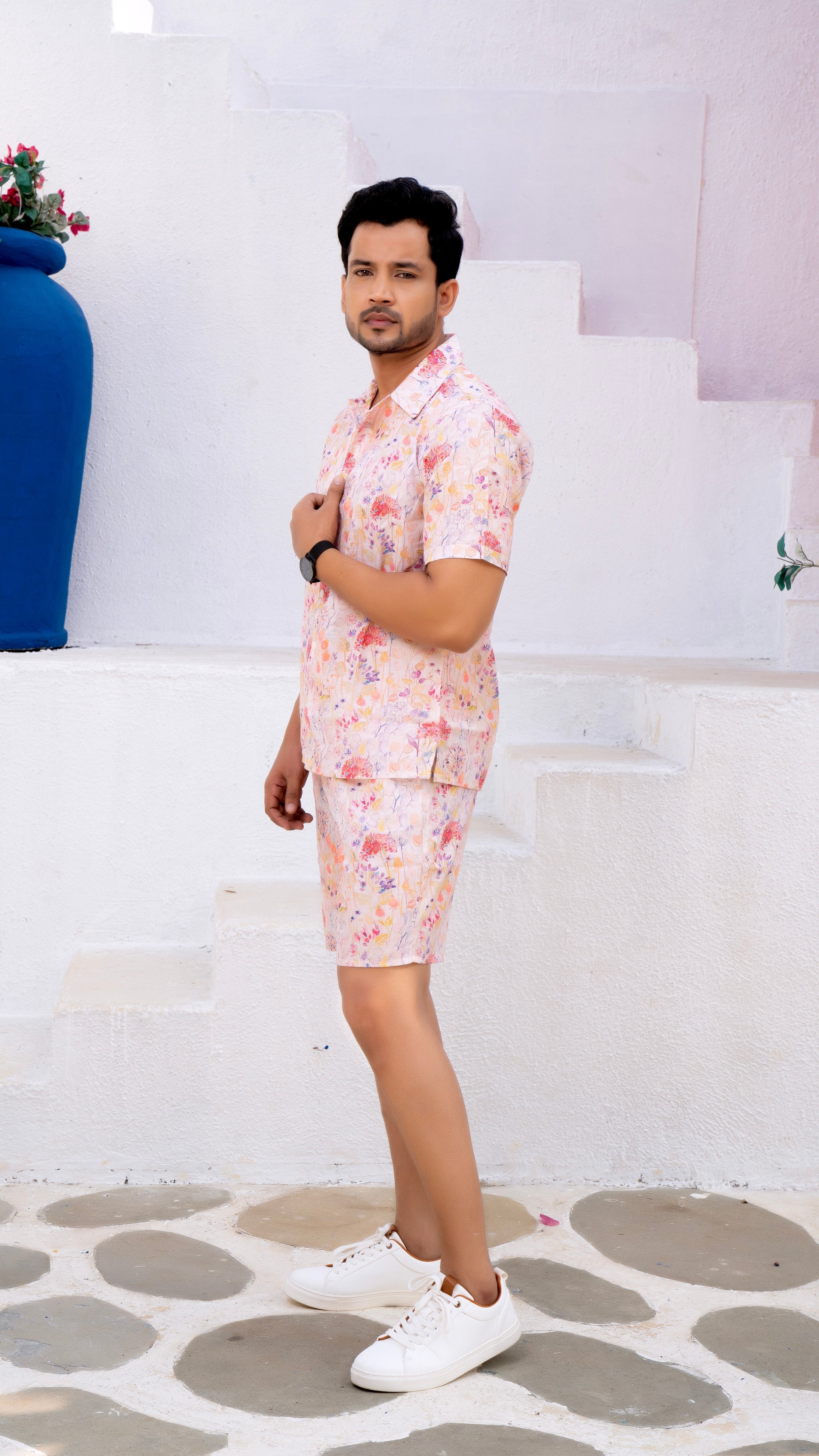Noroke Linen White Floral Co-ord Set Men | Grocsy