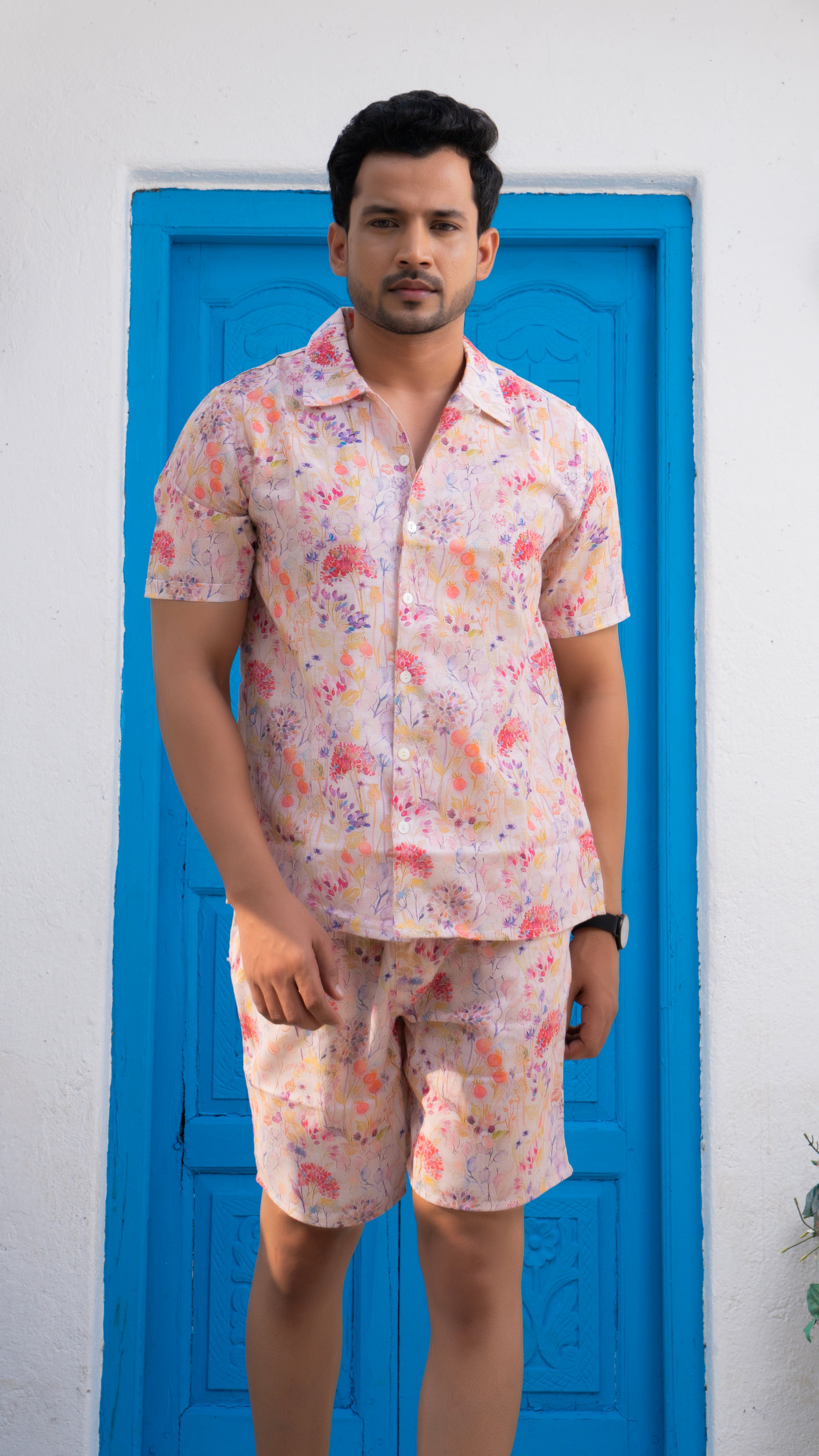 Noroke Linen White Floral Co-ord Set Men | Grocsy