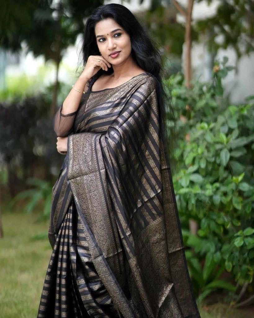 Vamika Weaving Banarasi Jacquard Black Kanjivaram Saree | Grocsy