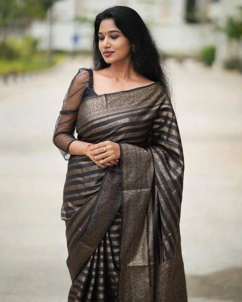 Vamika Weaving Banarasi Jacquard Black Kanjivaram Saree | Grocsy