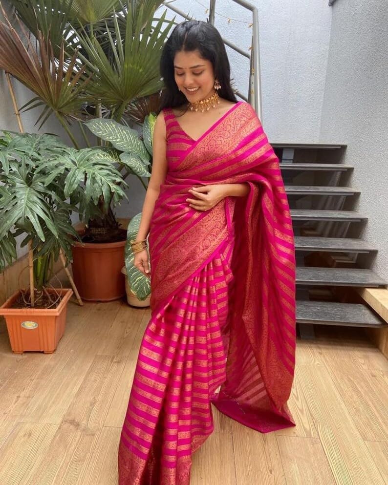 Vamika Weaving Banarasi Jacquard Pink Kanjivaram Saree | Grocsy