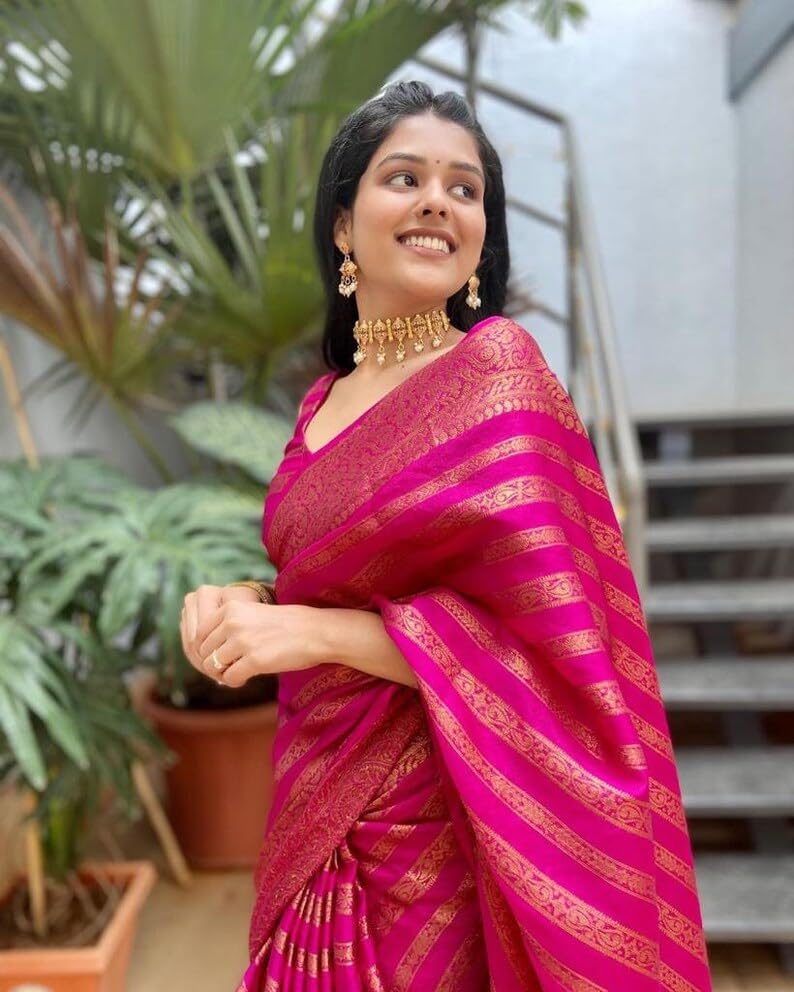 Vamika Weaving Banarasi Jacquard Pink Kanjivaram Saree | Grocsy