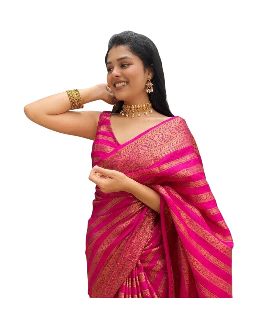 Vamika Weaving Banarasi Jacquard Pink Kanjivaram Saree | Grocsy