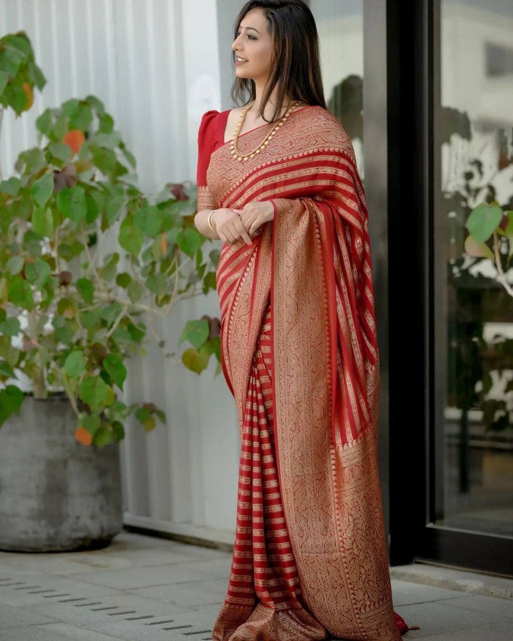 Vamika Weaving Banarasi Jacquard Red Kanjivaram Saree | Grocsy