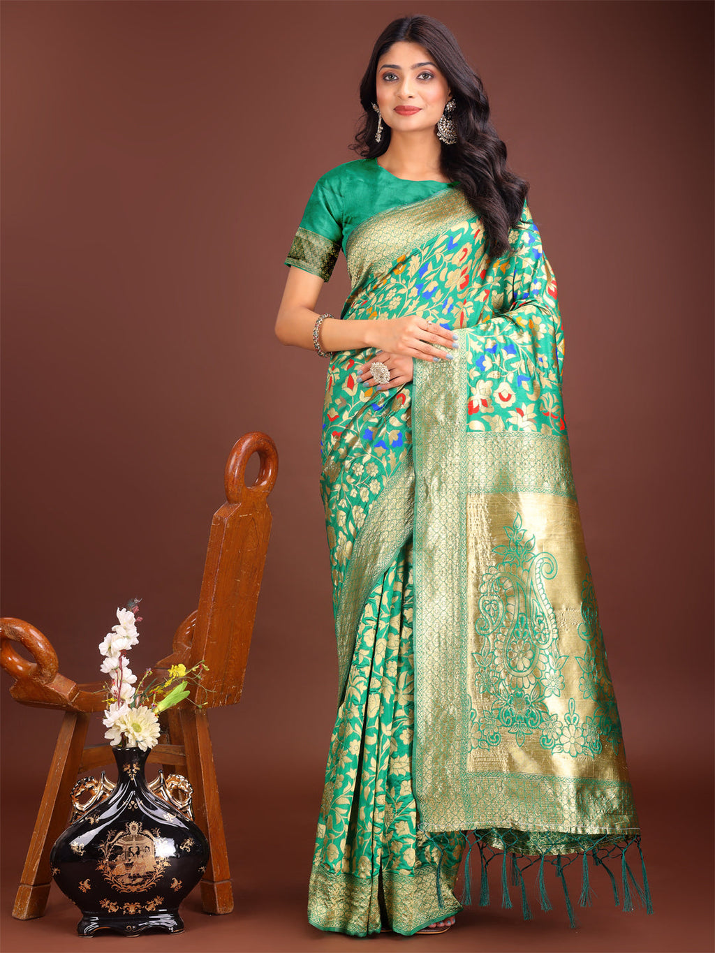 Shree Shyam Fashion Majestic Green Silk Saree with Gold Zari & Floral Design - Perfect for Festive & Traditional Occasions | Grocsy