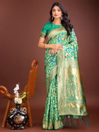 Shree Shyam Fashion Majestic Green Silk Saree with Gold Zari & Floral Design - Perfect for Festive & Traditional Occasions | Grocsy