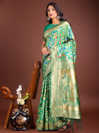 Shree Shyam Fashion Majestic Green Silk Saree with Gold Zari & Floral Design - Perfect for Festive & Traditional Occasions | Grocsy