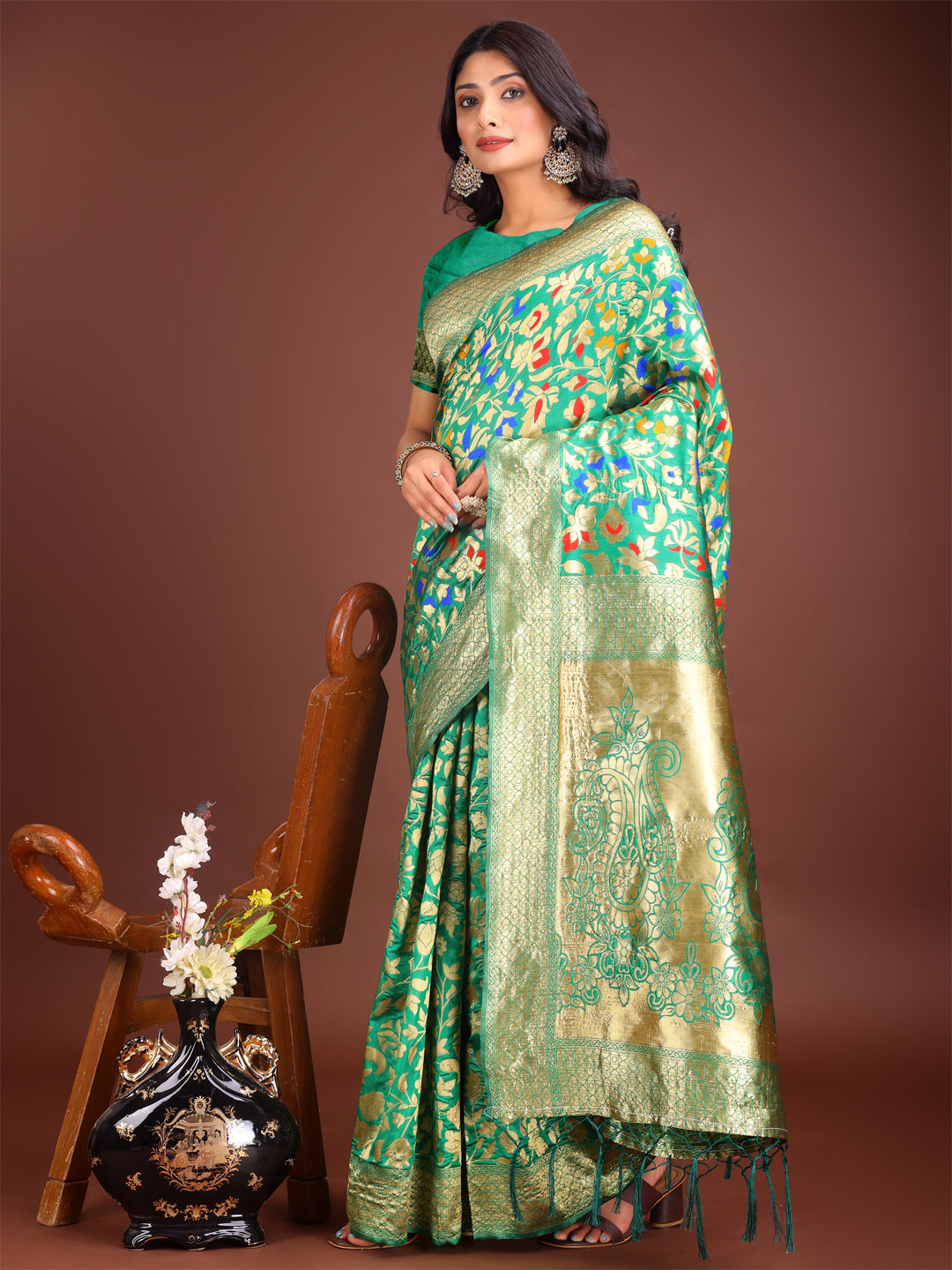 Shree Shyam Fashion Majestic Green Silk Saree with Gold Zari & Floral Design - Perfect for Festive & Traditional Occasions | Grocsy