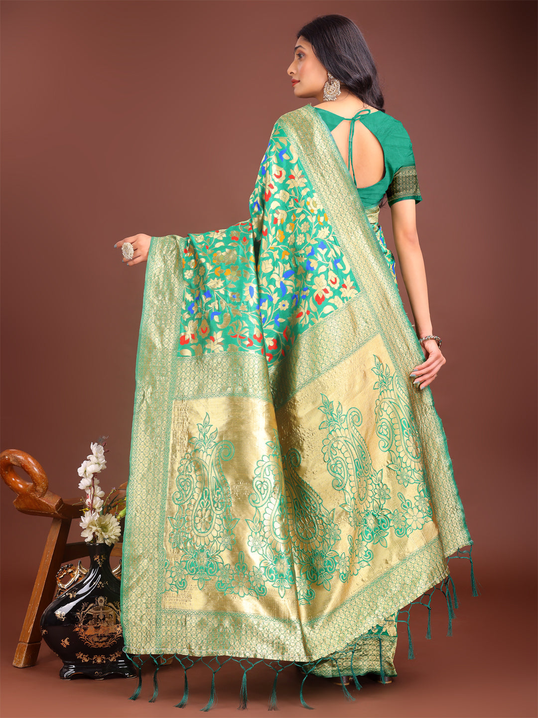 Shree Shyam Fashion Majestic Green Silk Saree with Gold Zari & Floral Design - Perfect for Festive & Traditional Occasions | Grocsy