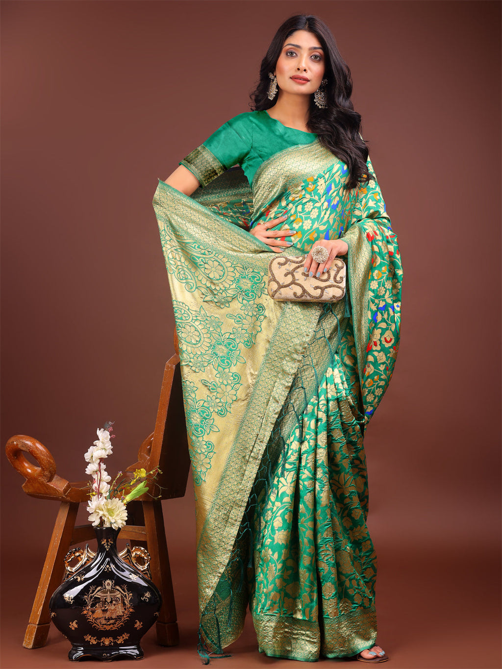Shree Shyam Fashion Majestic Green Silk Saree with Gold Zari & Floral Design - Perfect for Festive & Traditional Occasions | Grocsy