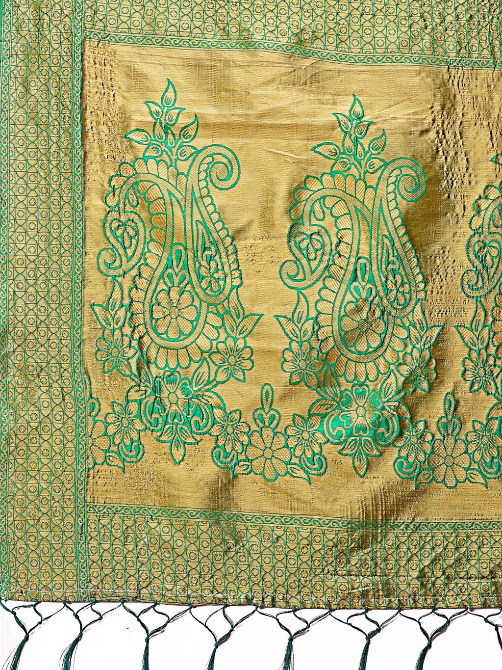 Shree Shyam Fashion Majestic Green Silk Saree with Gold Zari & Floral Design - Perfect for Festive & Traditional Occasions | Grocsy