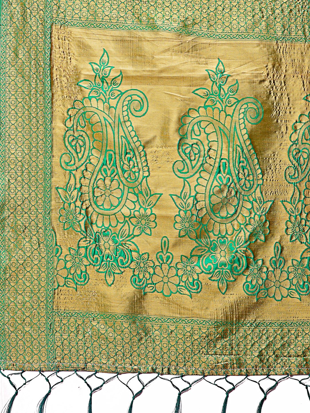 Shree Shyam Fashion Majestic Green Silk Saree with Gold Zari & Floral Design - Perfect for Festive & Traditional Occasions | Grocsy