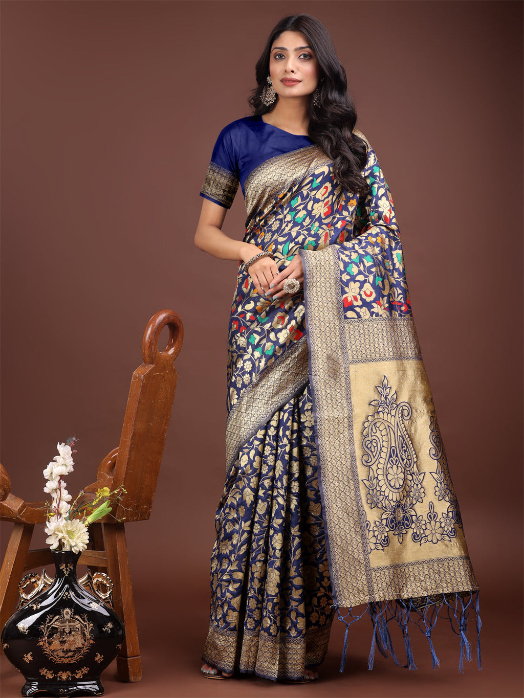 Shree Shyam Fashion Majestic Navy Blue Silk Saree with Gold Zari & Floral Design - Perfect for Festive & Traditional Occasions | Grocsy
