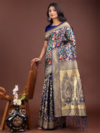Shree Shyam Fashion Majestic Navy Blue Silk Saree with Gold Zari & Floral Design - Perfect for Festive & Traditional Occasions | Grocsy