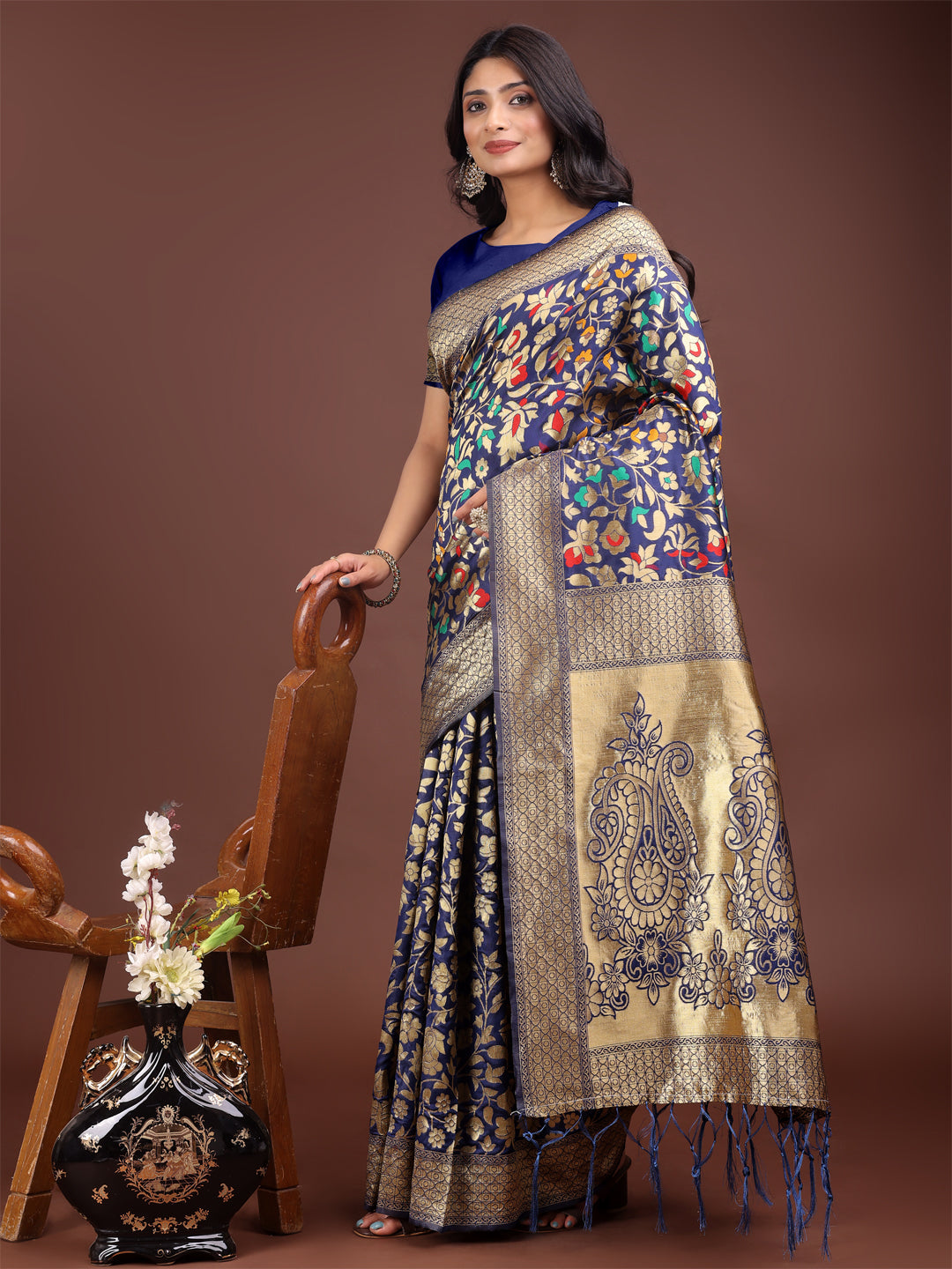 Shree Shyam Fashion Majestic Navy Blue Silk Saree with Gold Zari & Floral Design - Perfect for Festive & Traditional Occasions | Grocsy